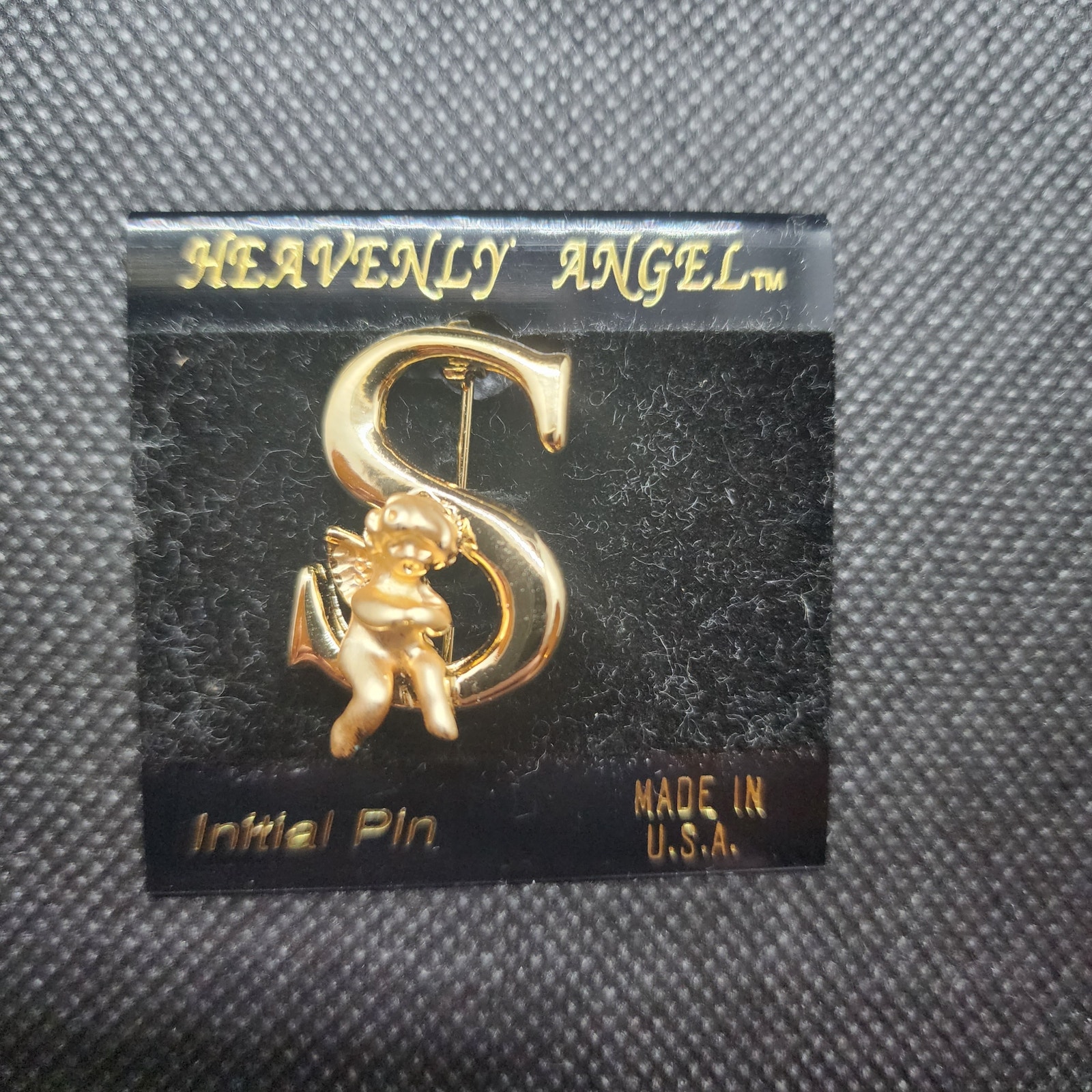 L Razza Heavenly Angel S Initial Pin Gold Tone Cherub Brooch Vintage Made In Usa